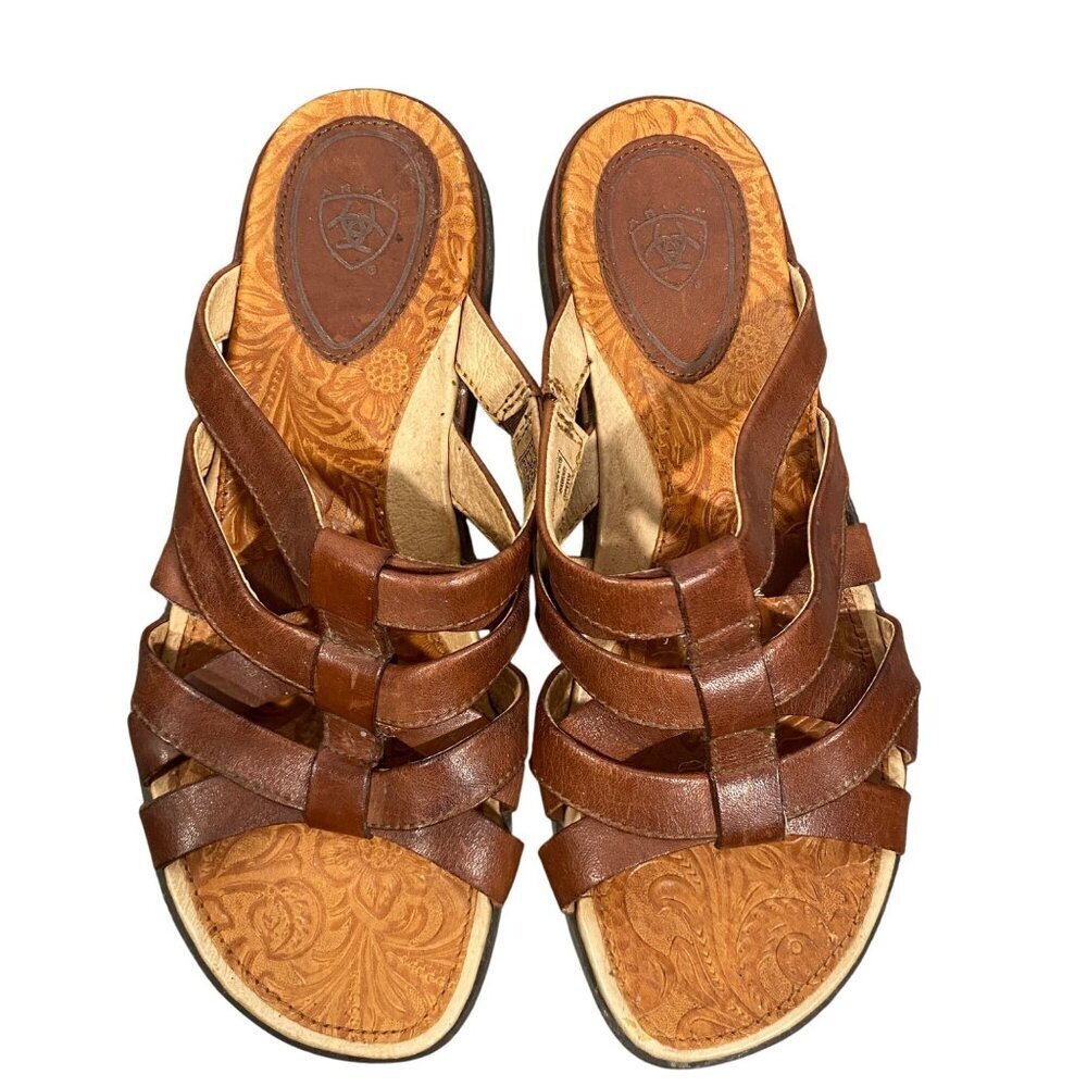 Ariat Womens Leather Slide Sandals Brown Size 7B Embossed Footbed & Strappy Desi